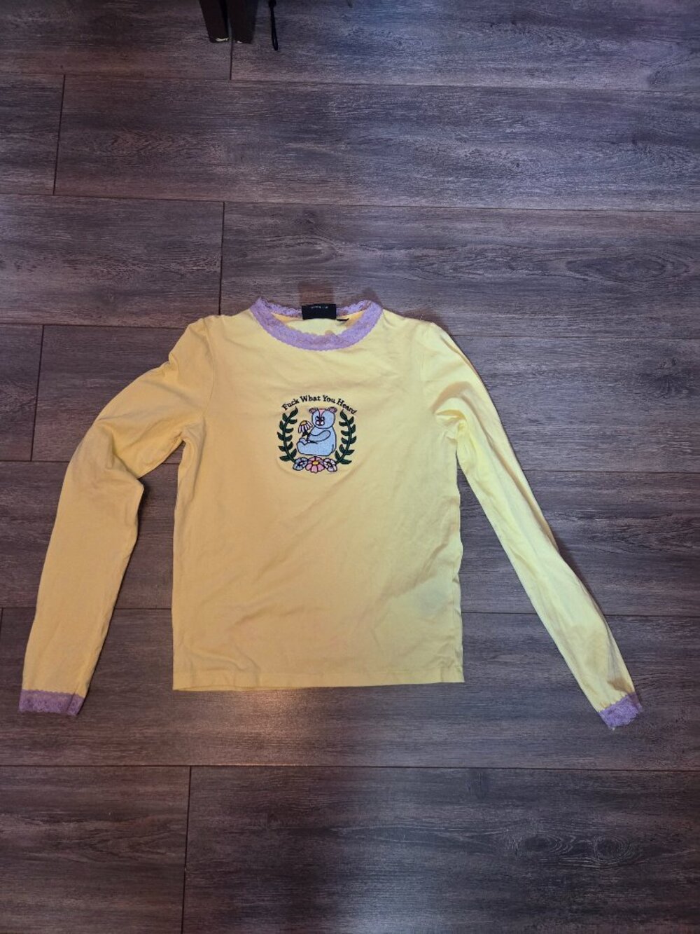 RARE Lazy Oaf F what you heard yellow and purple lace top!